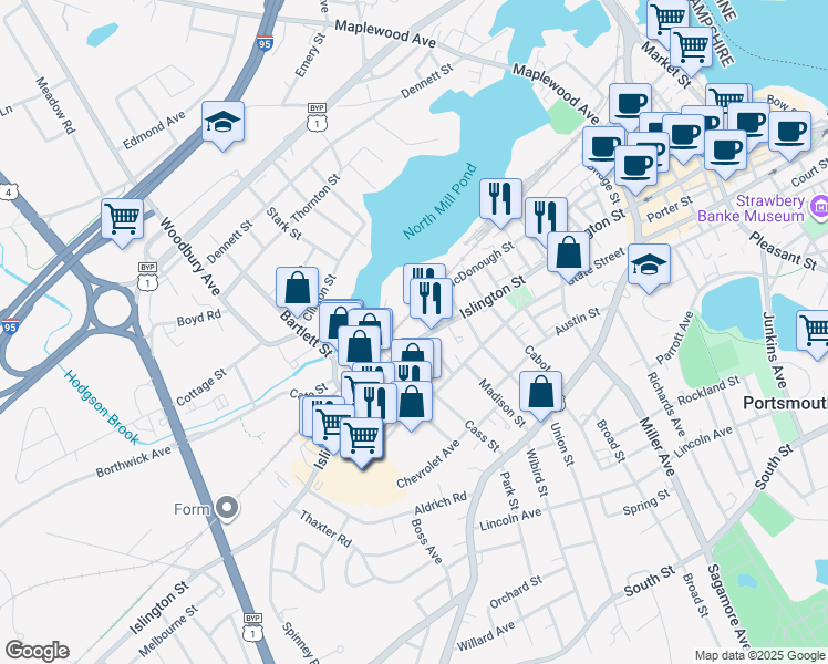 map of restaurants, bars, coffee shops, grocery stores, and more near 18 Dover Street in Portsmouth