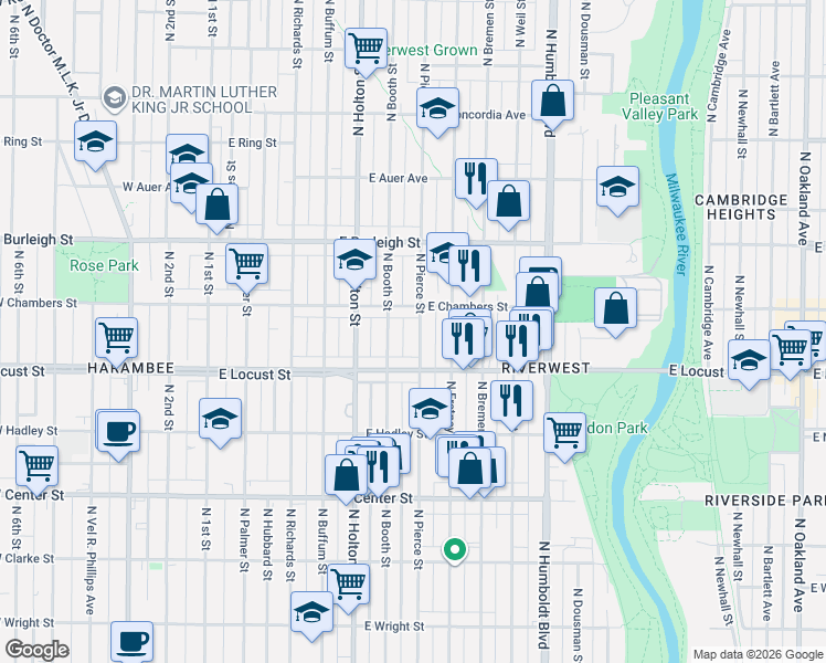 map of restaurants, bars, coffee shops, grocery stores, and more near 2947 North Pierce Street in Milwaukee