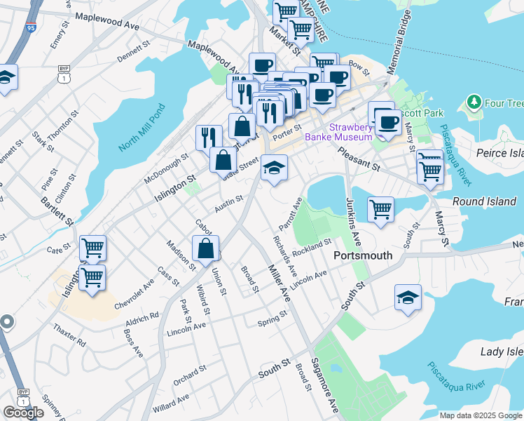 map of restaurants, bars, coffee shops, grocery stores, and more near 39 Richards Avenue in Portsmouth