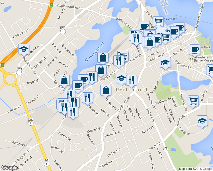 map of restaurants, bars, coffee shops, grocery stores, and more near 15 Union Street in Portsmouth