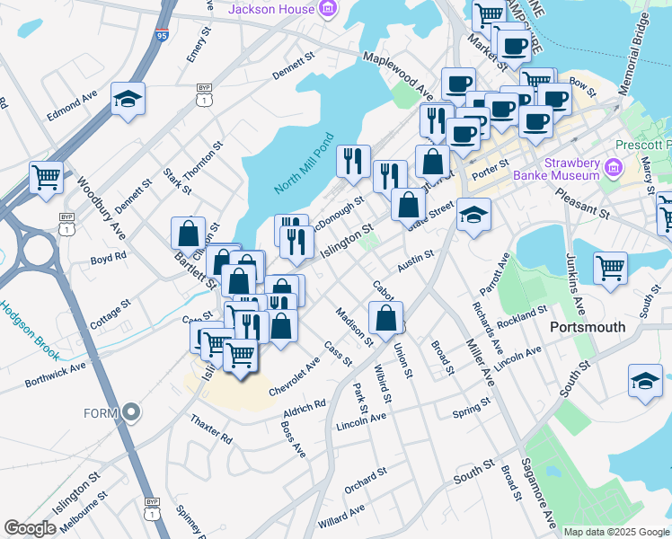 map of restaurants, bars, coffee shops, grocery stores, and more near 15 Union Street in Portsmouth