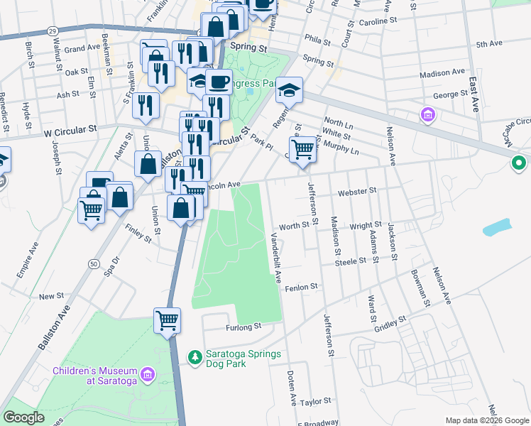 map of restaurants, bars, coffee shops, grocery stores, and more near 12 Vanderbilt Avenue in Saratoga Springs