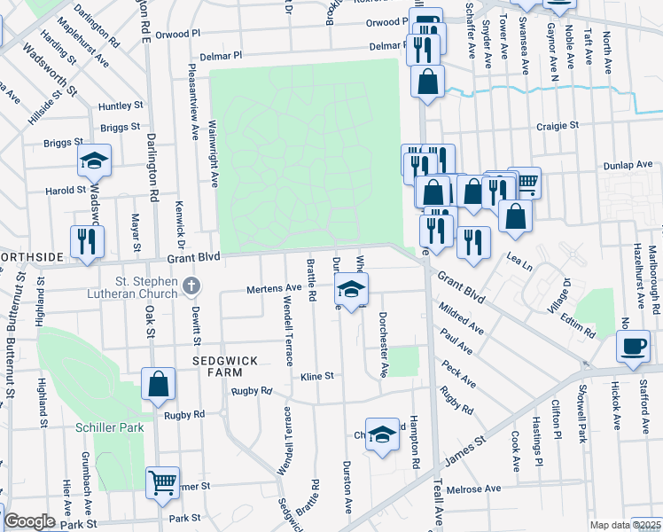 map of restaurants, bars, coffee shops, grocery stores, and more near 525 Durston Avenue in Syracuse