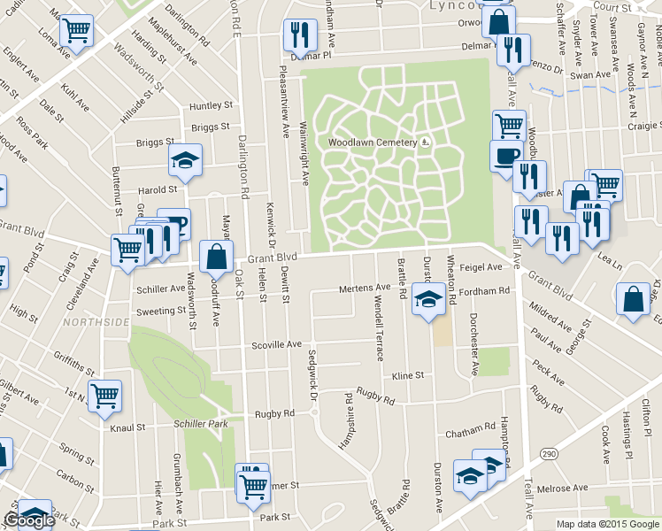 map of restaurants, bars, coffee shops, grocery stores, and more near 1135 Grant Boulevard in Syracuse