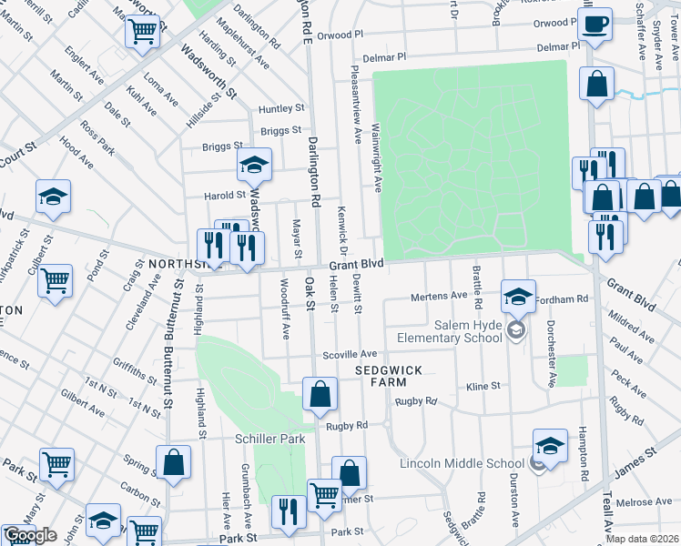 map of restaurants, bars, coffee shops, grocery stores, and more near 1321 Grant Boulevard in Syracuse