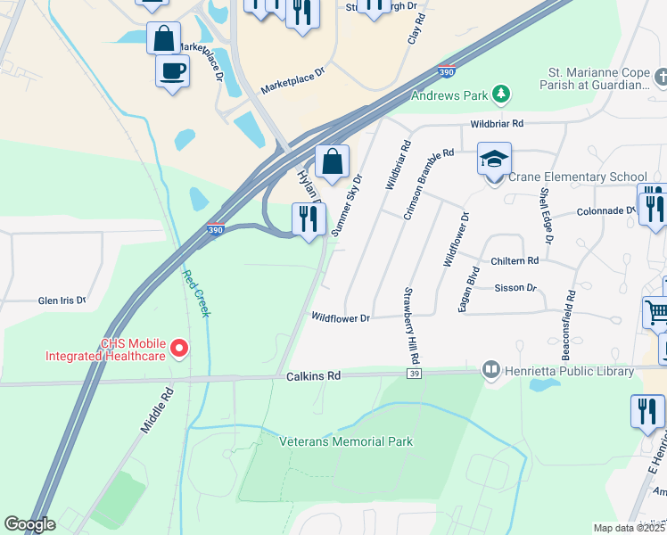map of restaurants, bars, coffee shops, grocery stores, and more near 2072 Hylan Drive in Rochester