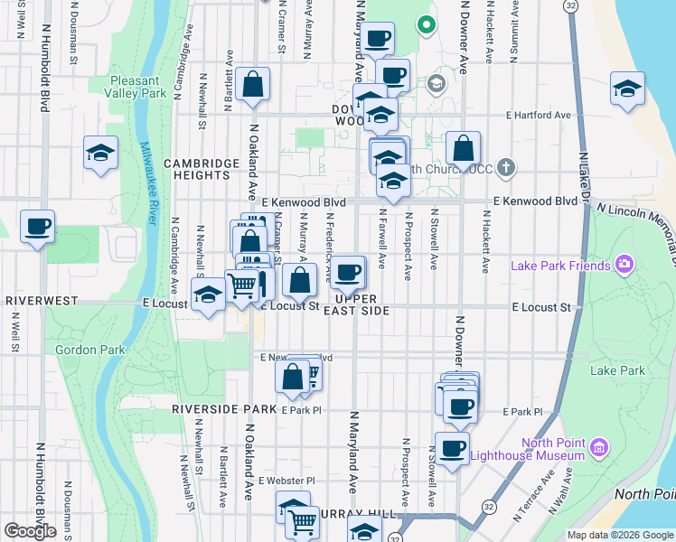 map of restaurants, bars, coffee shops, grocery stores, and more near 2971 North Maryland Avenue in Milwaukee