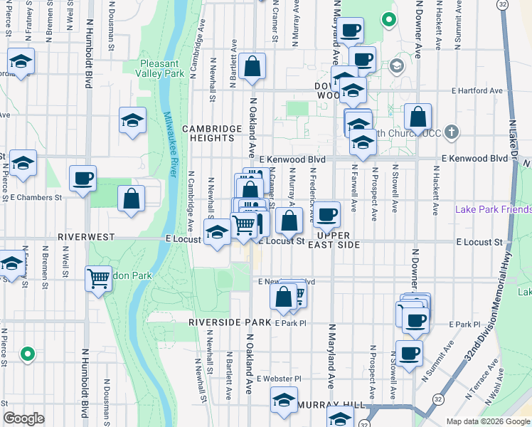 map of restaurants, bars, coffee shops, grocery stores, and more near 2966 North Cramer Street in Milwaukee