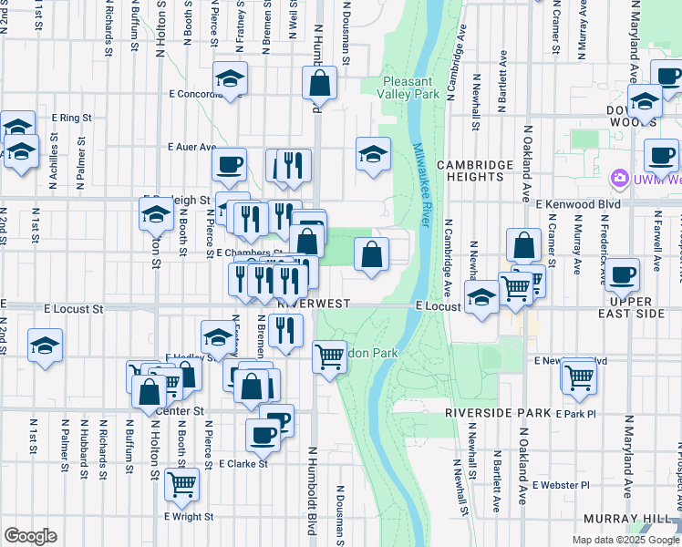 map of restaurants, bars, coffee shops, grocery stores, and more near 2951 North Dousman Street in Milwaukee