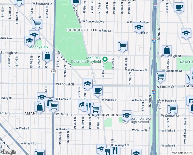 map of restaurants, bars, coffee shops, grocery stores, and more near 1418A West Groeling Avenue in Milwaukee