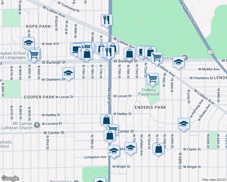 map of restaurants, bars, coffee shops, grocery stores, and more near 2941 North 75th Street in Milwaukee