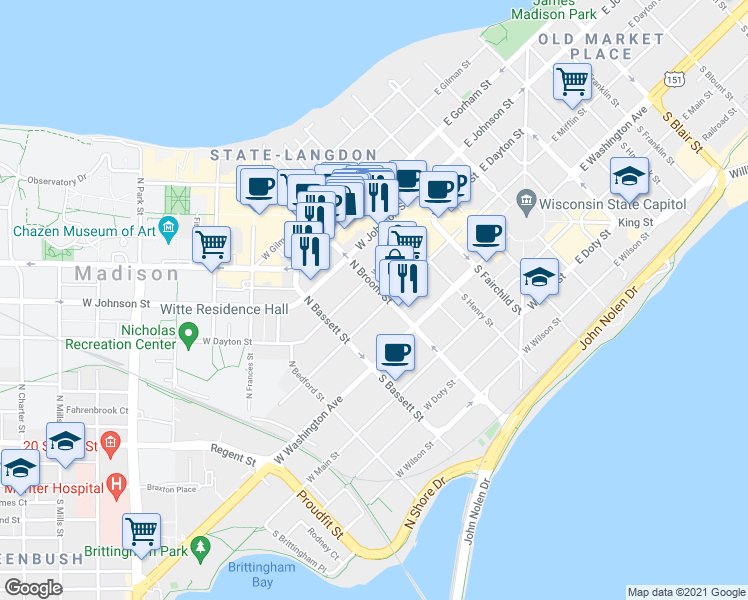 map of restaurants, bars, coffee shops, grocery stores, and more near 403 West Dayton Street in Madison