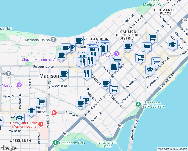 map of restaurants, bars, coffee shops, grocery stores, and more near 433 West Johnson Street in Madison
