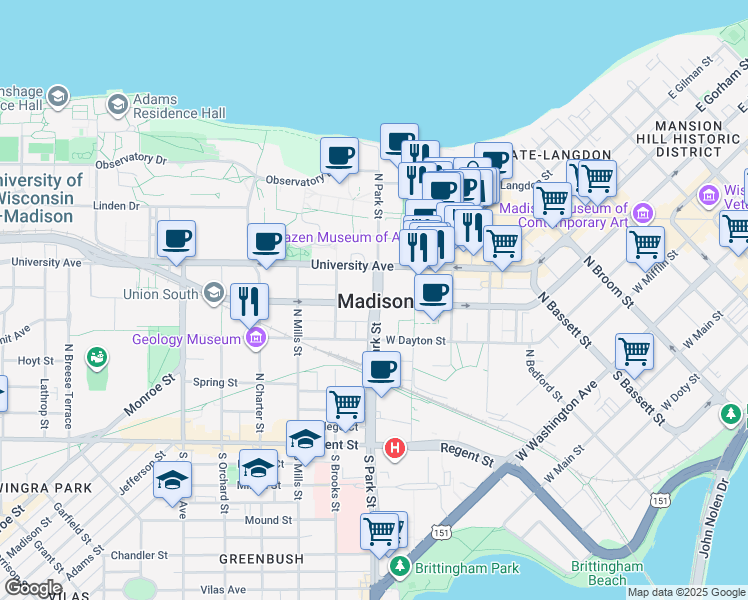 map of restaurants, bars, coffee shops, grocery stores, and more near in Madison