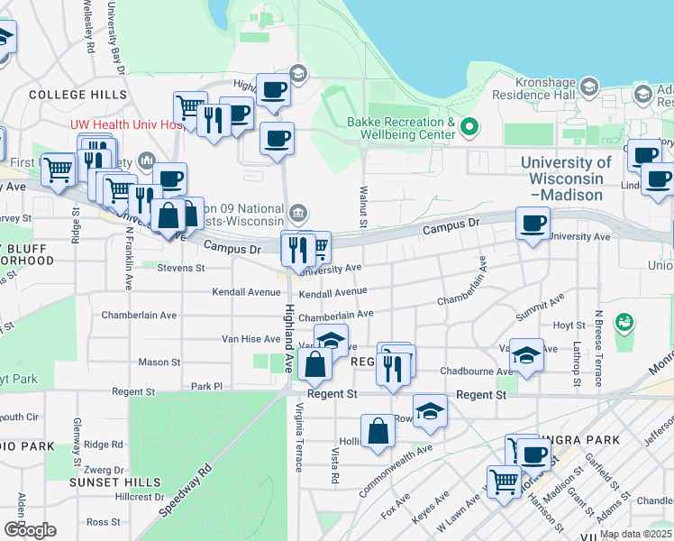map of restaurants, bars, coffee shops, grocery stores, and more near 2312 University Avenue in Madison