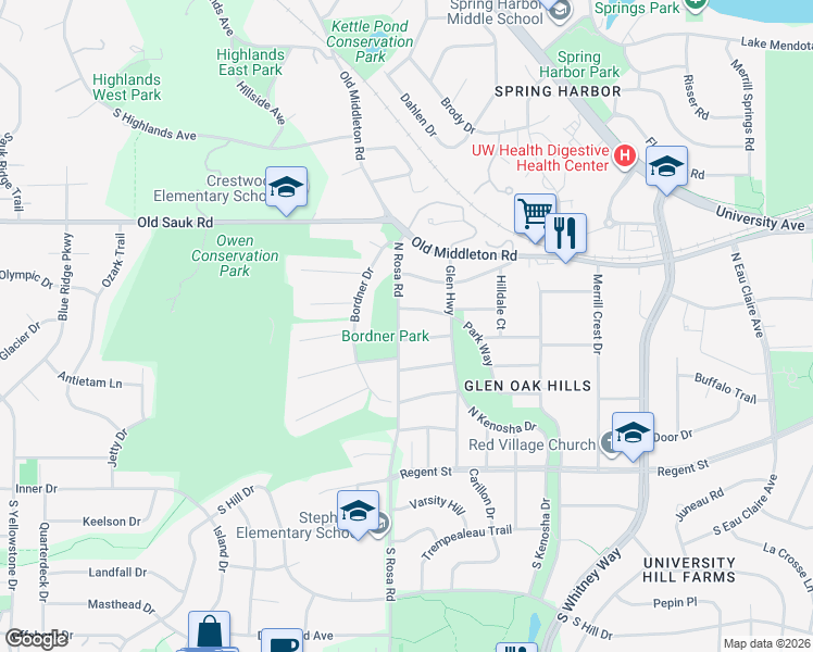 map of restaurants, bars, coffee shops, grocery stores, and more near 413 North Rosa Road in Madison