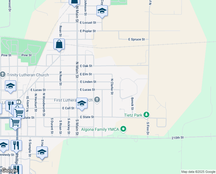 map of restaurants, bars, coffee shops, grocery stores, and more near 1800-1998 East Linden Street in Algona