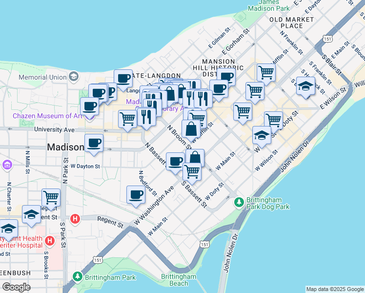 map of restaurants, bars, coffee shops, grocery stores, and more near 406 West Mifflin Street in Madison