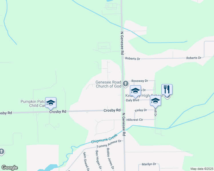 map of restaurants, bars, coffee shops, grocery stores, and more near 4460 Alder Drive in Flint