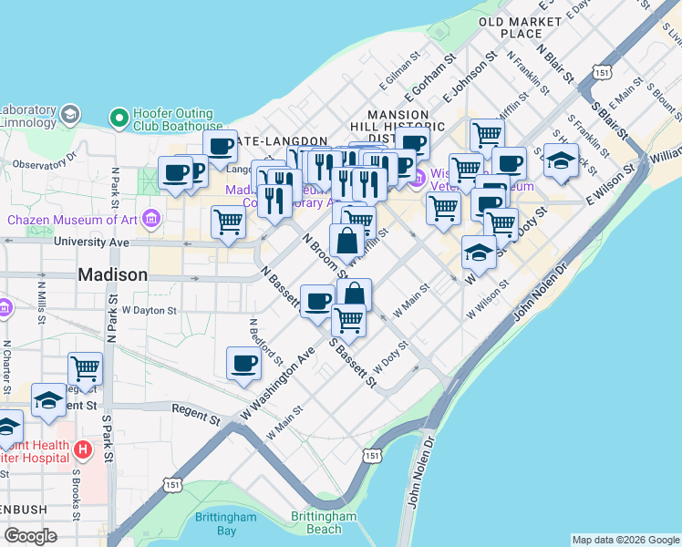 map of restaurants, bars, coffee shops, grocery stores, and more near West Mifflin Street in Madison