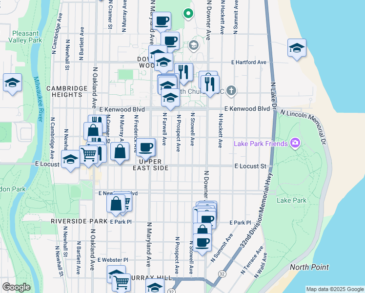 map of restaurants, bars, coffee shops, grocery stores, and more near 2958 North Prospect Avenue in Milwaukee