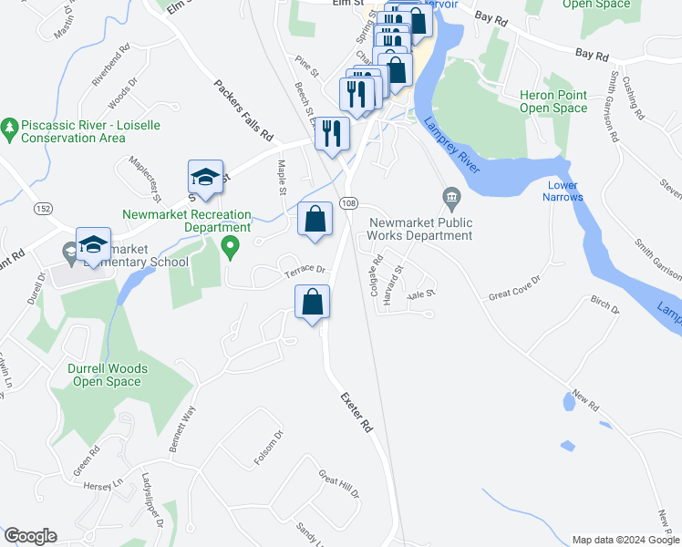 map of restaurants, bars, coffee shops, grocery stores, and more near 69 Exeter Road in Newmarket