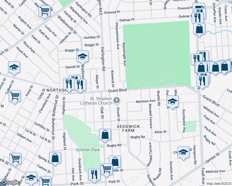 map of restaurants, bars, coffee shops, grocery stores, and more near 1301 Grant Boulevard in Syracuse