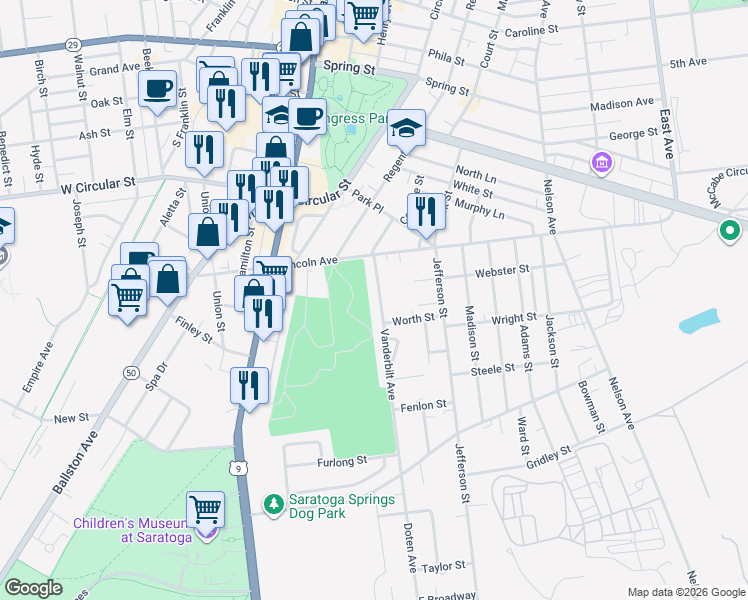 map of restaurants, bars, coffee shops, grocery stores, and more near 12 Vanderbilt Avenue in Saratoga Springs