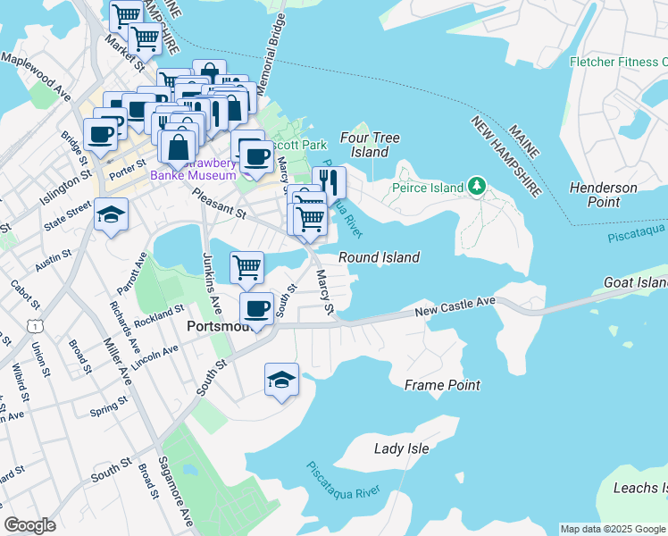 map of restaurants, bars, coffee shops, grocery stores, and more near 34 Salter Street in Portsmouth