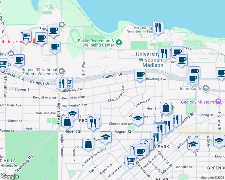 map of restaurants, bars, coffee shops, grocery stores, and more near 2024 Kendall Avenue in Madison