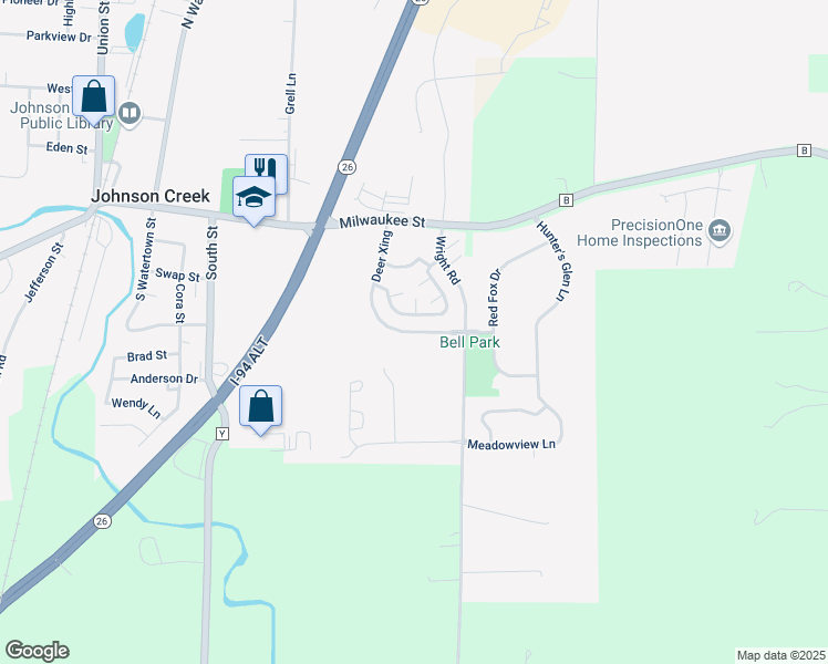 map of restaurants, bars, coffee shops, grocery stores, and more near 107 Deer Crossing in Johnson Creek
