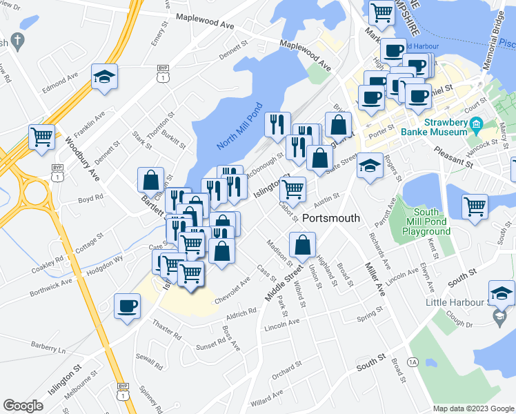 map of restaurants, bars, coffee shops, grocery stores, and more near 32 Union Street in Portsmouth