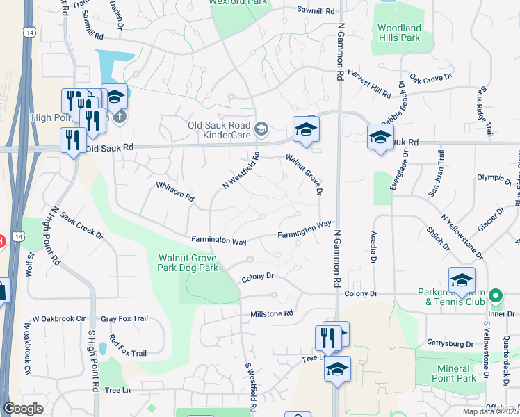 map of restaurants, bars, coffee shops, grocery stores, and more near 13 Oxwood Circle in Madison