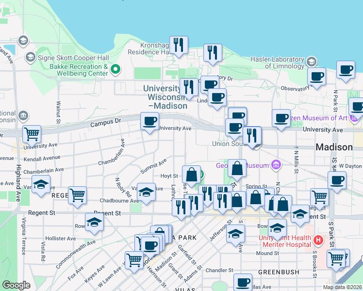 map of restaurants, bars, coffee shops, grocery stores, and more near 214 North Breese Terrace in Madison