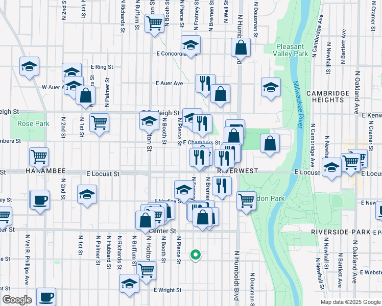 map of restaurants, bars, coffee shops, grocery stores, and more near 2959 North Fratney Street in Milwaukee