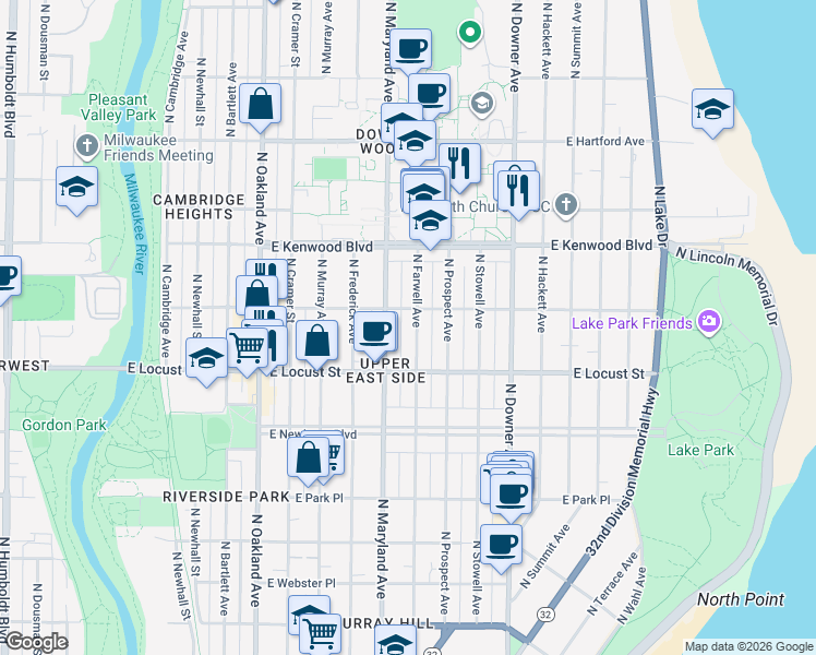 map of restaurants, bars, coffee shops, grocery stores, and more near 2955 North Farwell Avenue in Milwaukee