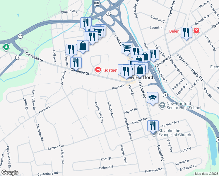 map of restaurants, bars, coffee shops, grocery stores, and more near 31 Old Paris Road in New Hartford