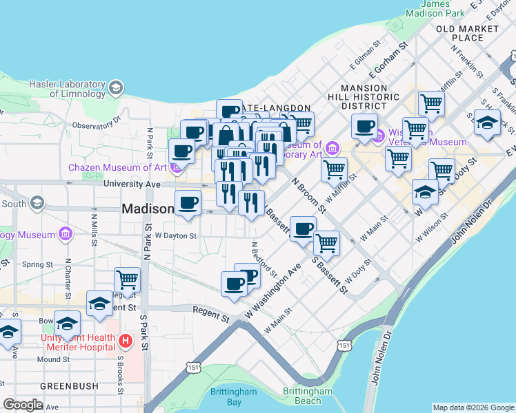 map of restaurants, bars, coffee shops, grocery stores, and more near 504 West Johnson Street in Madison