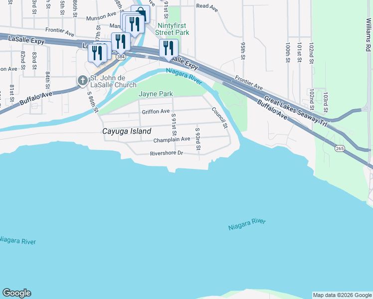 map of restaurants, bars, coffee shops, grocery stores, and more near 9139 Champlain Avenue in Niagara Falls