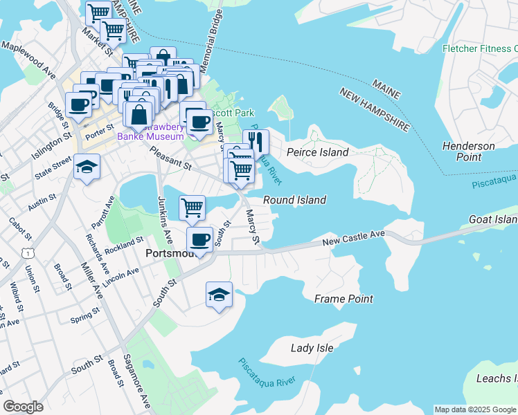 map of restaurants, bars, coffee shops, grocery stores, and more near 34 Salter Street in Portsmouth