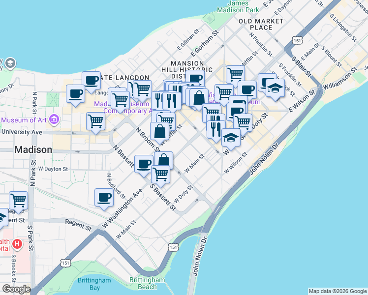 map of restaurants, bars, coffee shops, grocery stores, and more near 300 West Washington Avenue in Madison