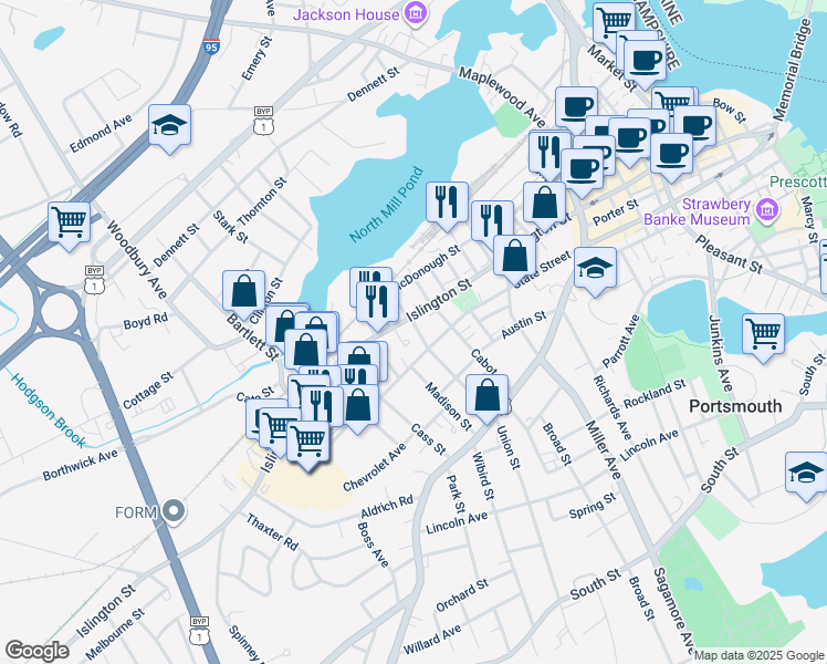 map of restaurants, bars, coffee shops, grocery stores, and more near 15 Union Street in Portsmouth