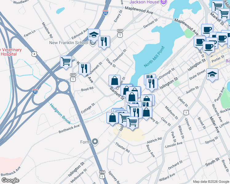 map of restaurants, bars, coffee shops, grocery stores, and more near 48 Clinton Street in Portsmouth