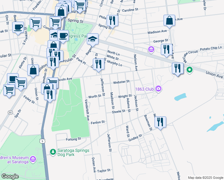 map of restaurants, bars, coffee shops, grocery stores, and more near 36 Madison Street in Saratoga Springs