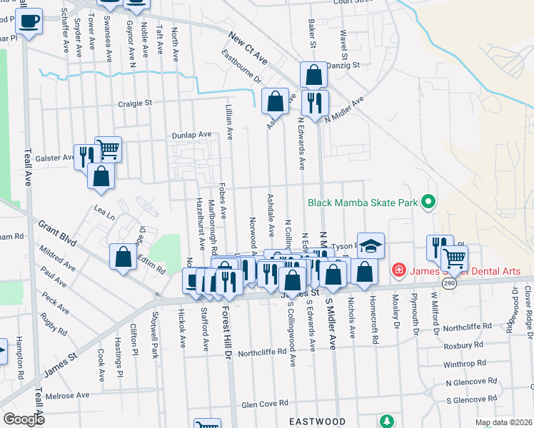 map of restaurants, bars, coffee shops, grocery stores, and more near 260 Ashdale Avenue in Syracuse