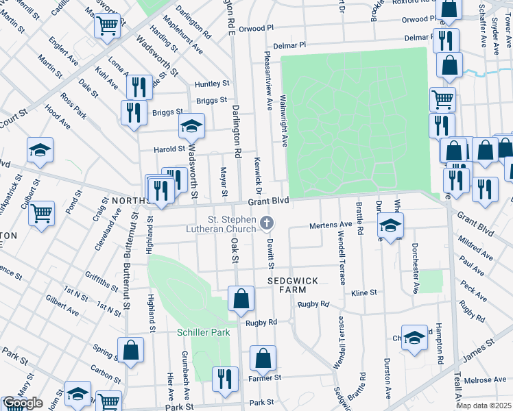map of restaurants, bars, coffee shops, grocery stores, and more near 1321 Grant Boulevard in Syracuse