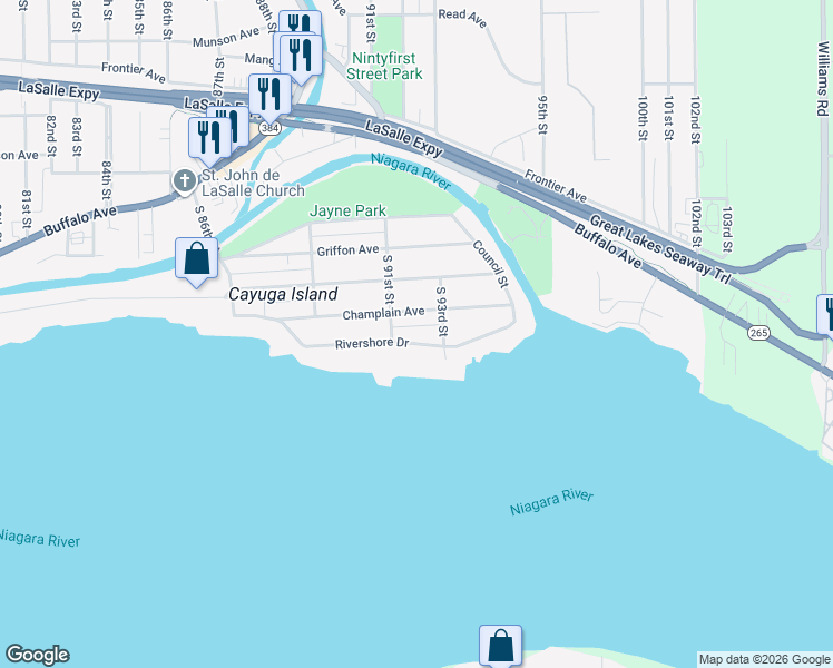 map of restaurants, bars, coffee shops, grocery stores, and more near 9139 Champlain Avenue in Niagara Falls