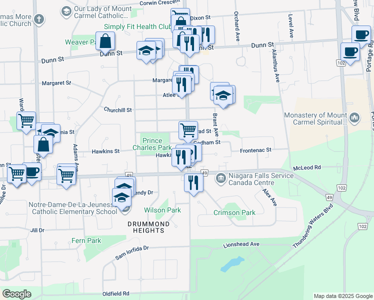 map of restaurants, bars, coffee shops, grocery stores, and more near 6184 Cadham Street in Niagara Falls