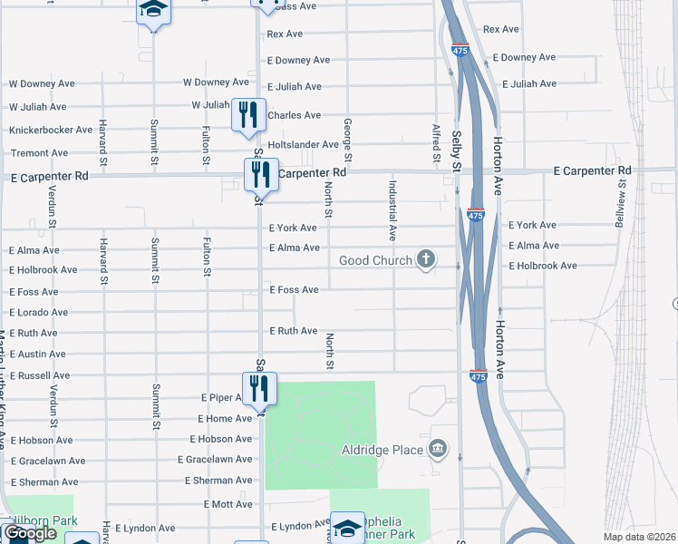 map of restaurants, bars, coffee shops, grocery stores, and more near 773 East Holbrook Avenue in Flint