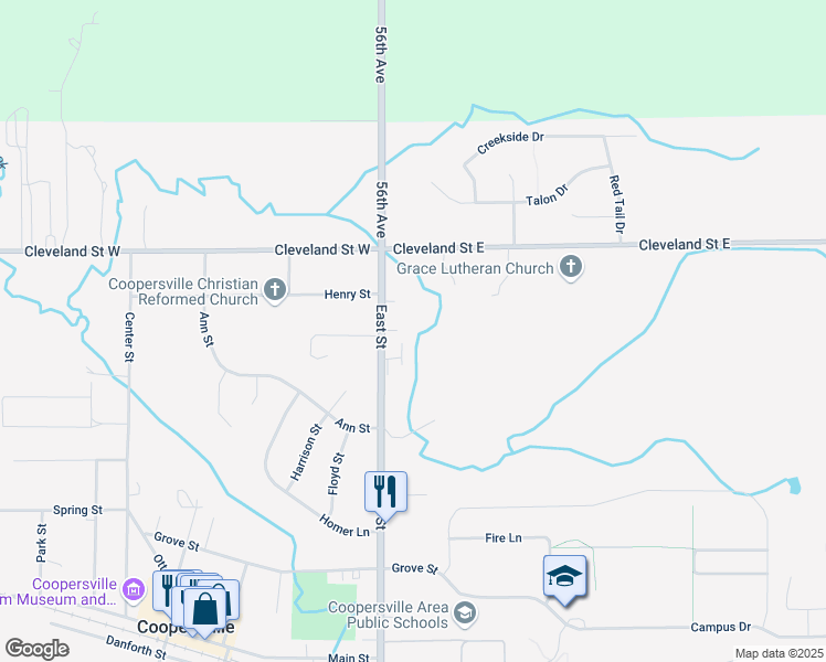 map of restaurants, bars, coffee shops, grocery stores, and more near 650 East Street in Coopersville